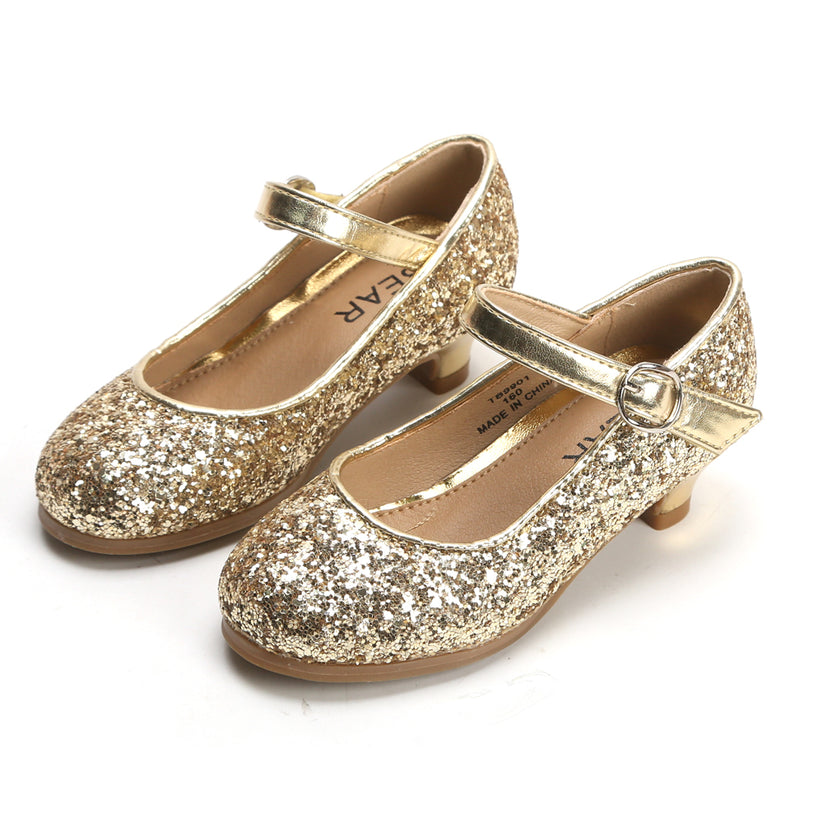 Little Girls Dress Shoes-Low Medium Heel Bling Gold – THEE BRON